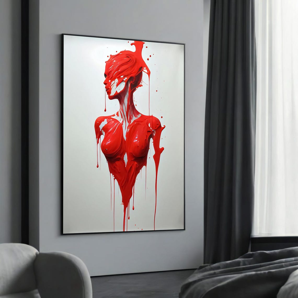 Striking Red Dripping Woman Abstract Art Print on White Background