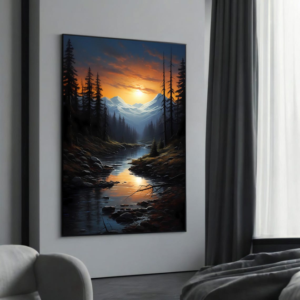 Mountain River at Sunset with Pine Trees and Snow Peaks Poster