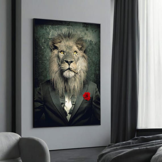 Elegant Lion In Suit With Red Rose Sophisticated Canvas Art For Classy Home Decor And Unique