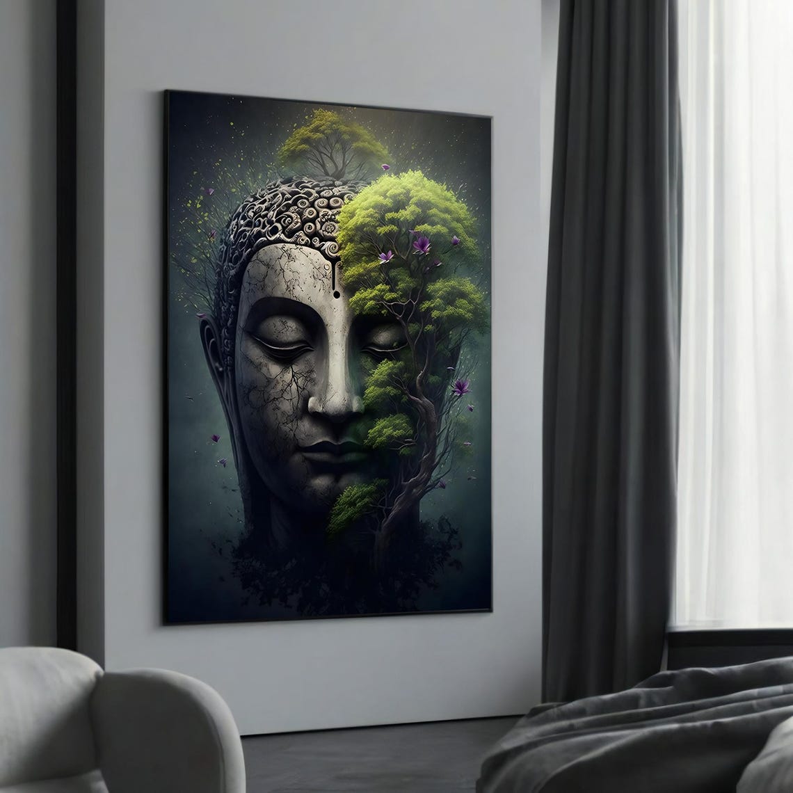 Buddha Stone Face Merging with Tree in Dark Mystical Forest Poster