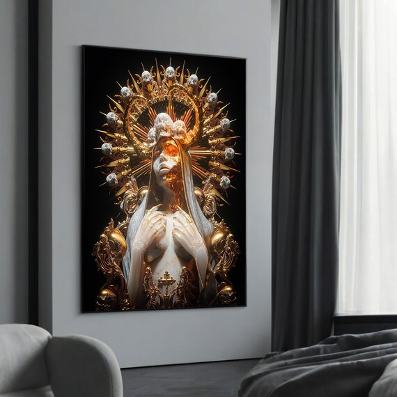 Divine Woman with Gold and Skulls Art Print Surreal Gothic Wall Decor