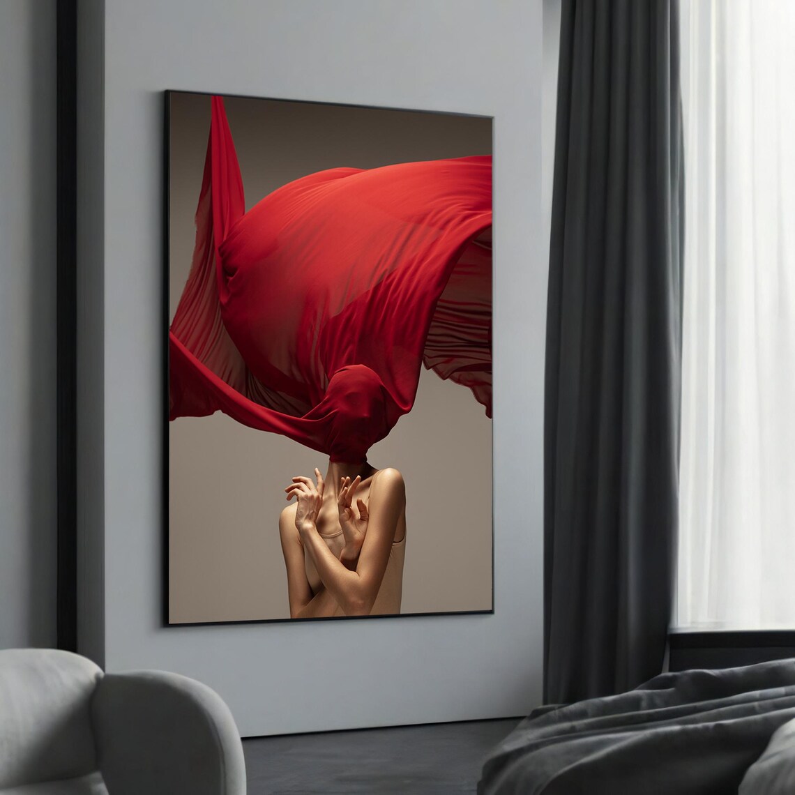 Billowing Red Fabric Flowing Over Woman Surreal Minimalist Poster