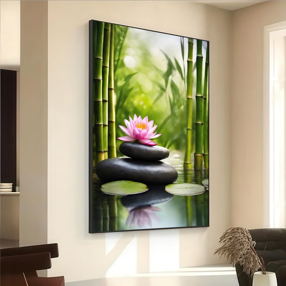 Zen Stacked Stones Pink Lotus Bamboo Calm Spa Meditation Poster