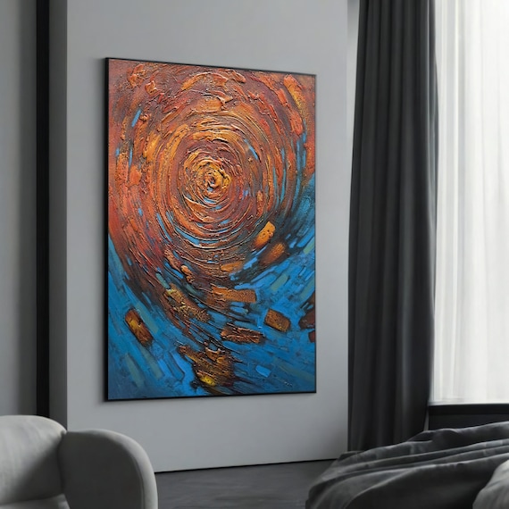 Vibrant Abstract Swirl Canvas Art Modern Textured Wall Decor With Blue And Copper Tones Large Vertical Painting Gift
