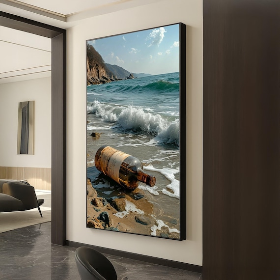 Message In A Bottle On Rocky Ocean Shoreline Waves Beach Coastal Decor Poster