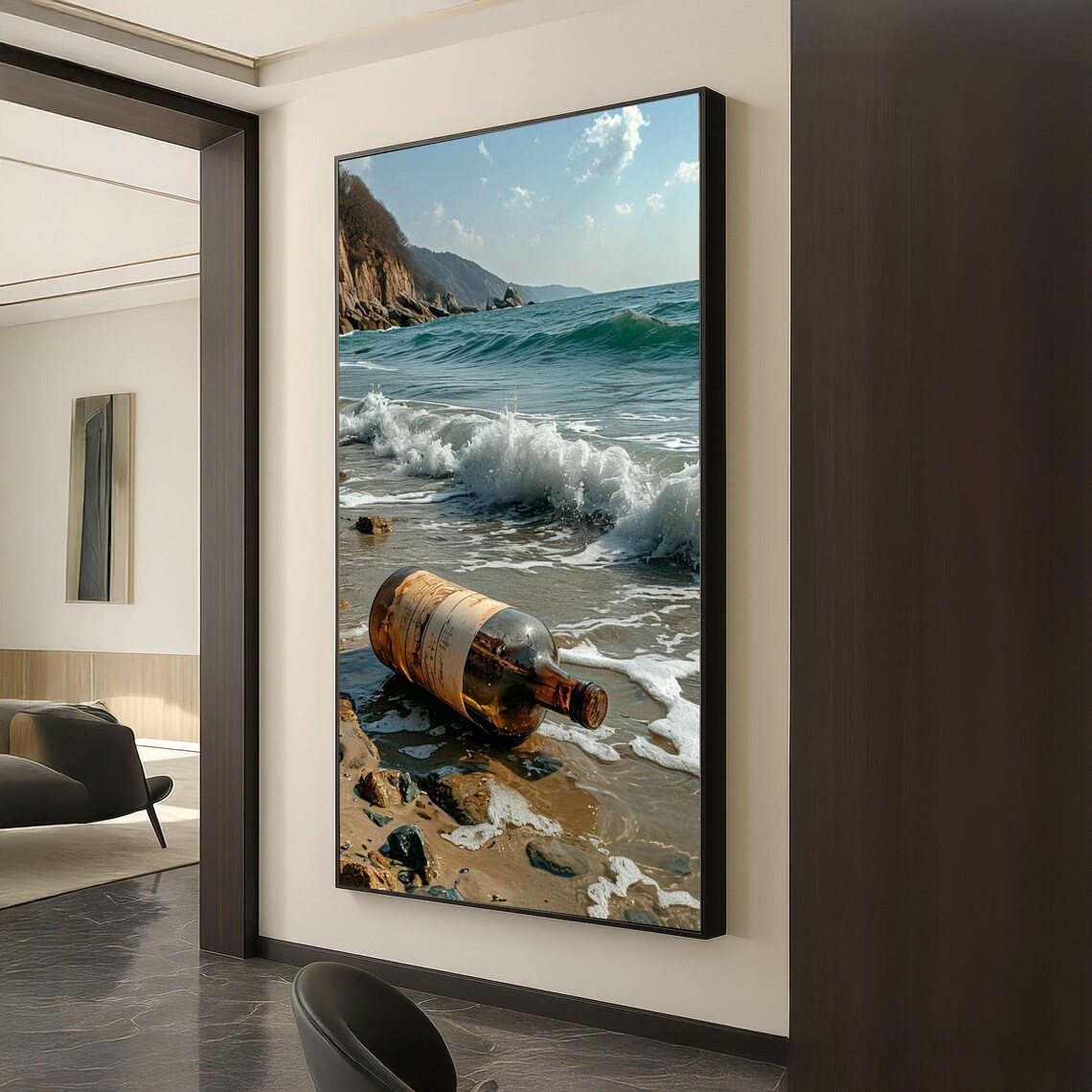 Message In A Bottle On Rocky Ocean Shoreline Waves Beach Coastal Decor Poster