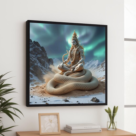 Meditative Shiva Statue Serpent Aurora Mountain Canvas Wall Art