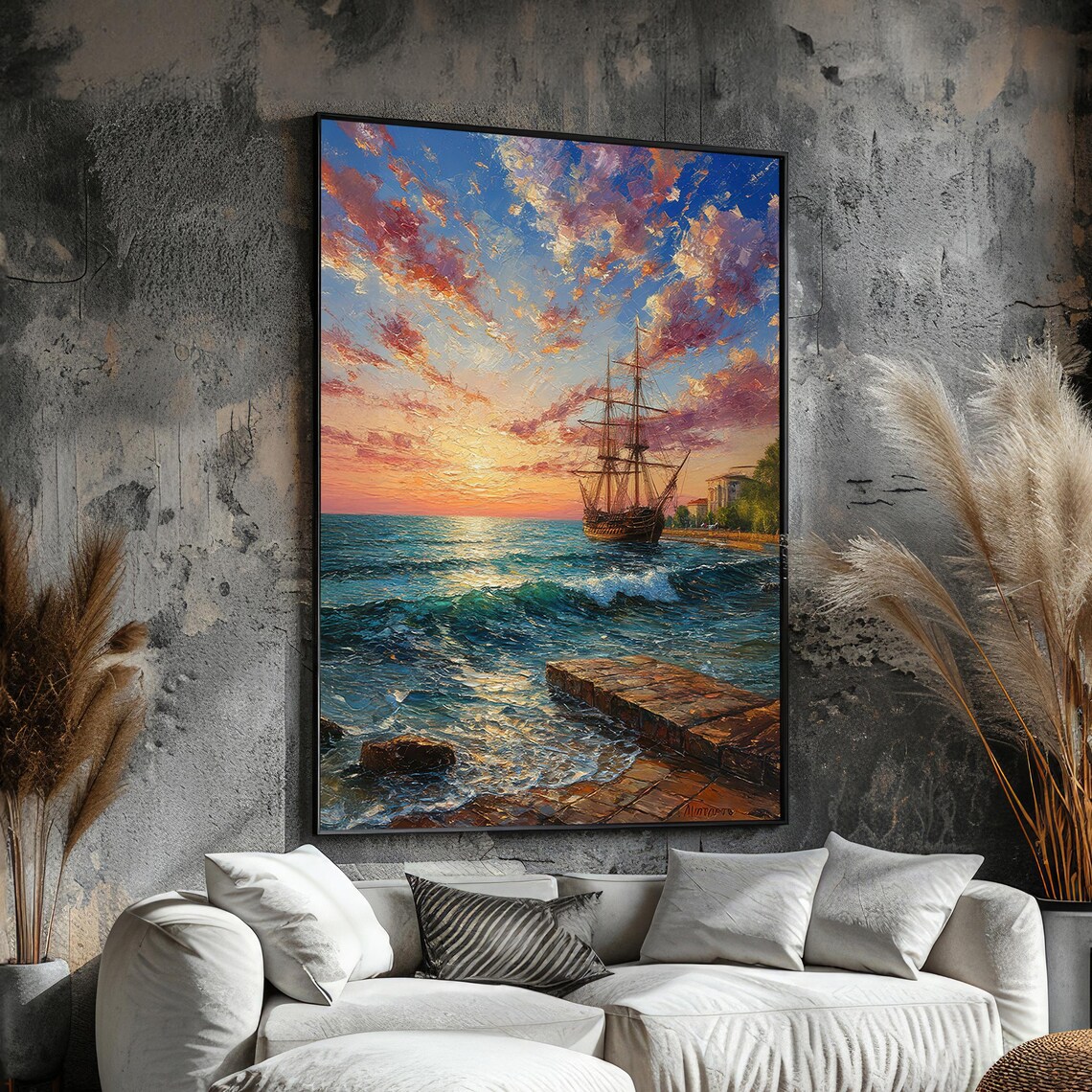 Tall Ship At Sunset Near Rocky Pier Romantic Seascape Poster