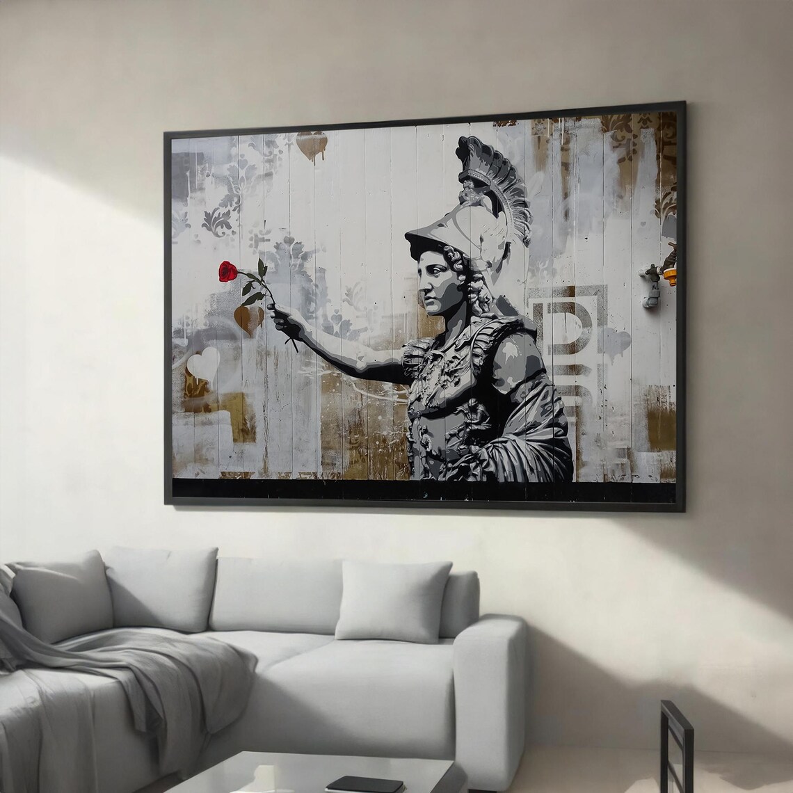Roman Gladiator Offering Red Rose Street Art Style Wall Poster