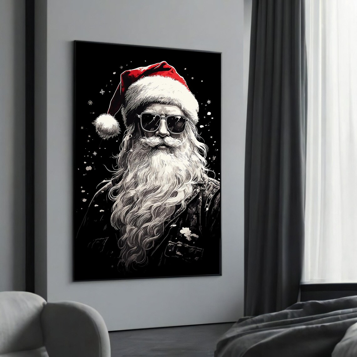 Cool Santa Claus Sunglasses Red Hat Black White Holiday Art Poster