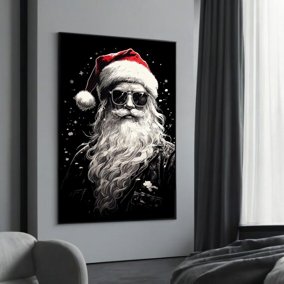 Cool Santa Claus Sunglasses Red Hat Black White Holiday Art Poster