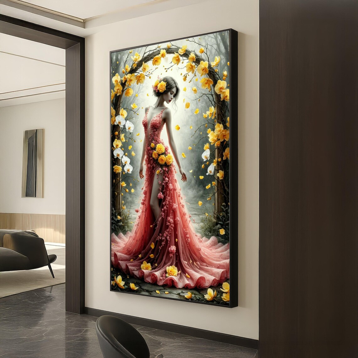 Elegant Woman Floral Dress Yellow Rose Garden Romantic Art Poster