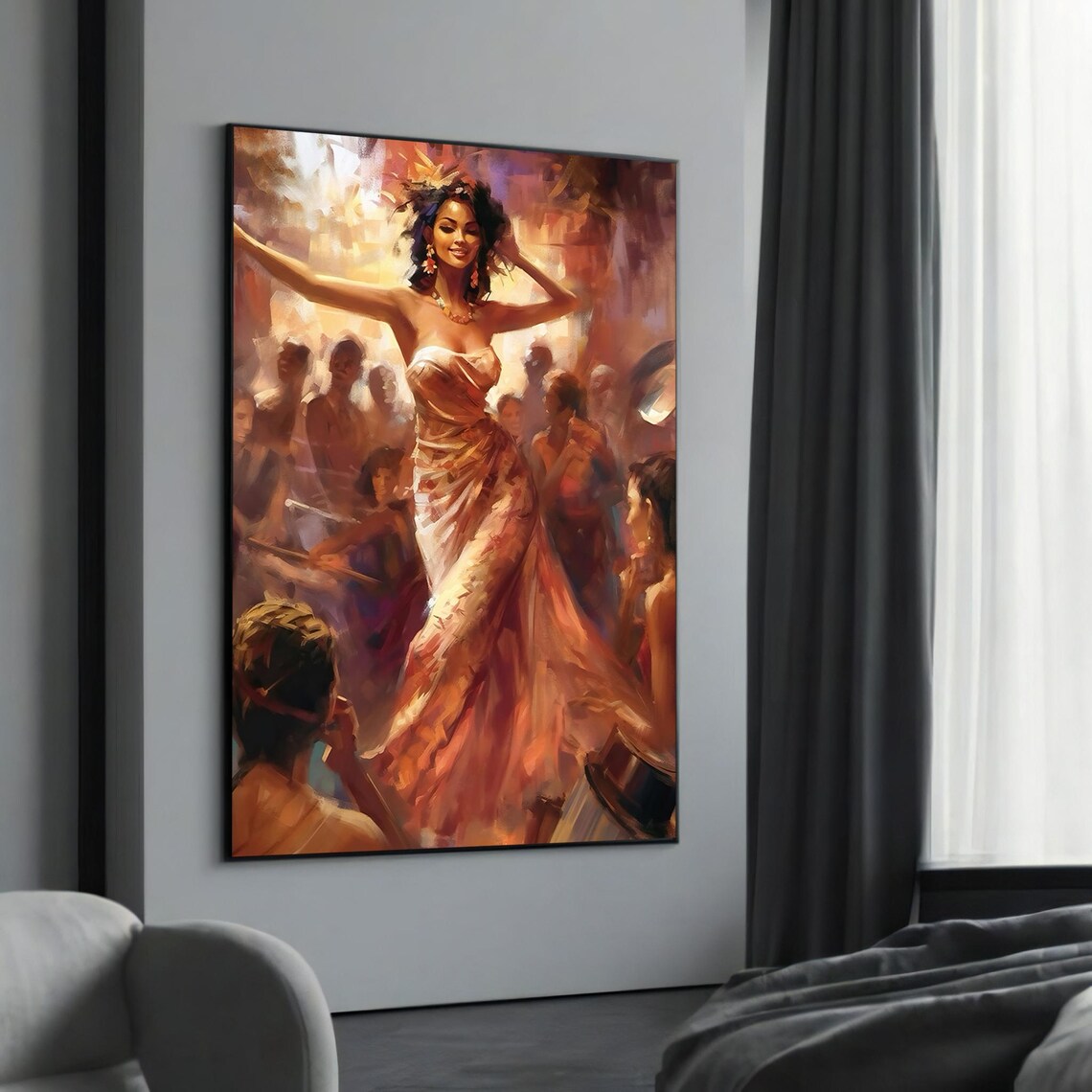 Vibrant Salsa Dancer Golden Dress Festive Party Painting Art Poster