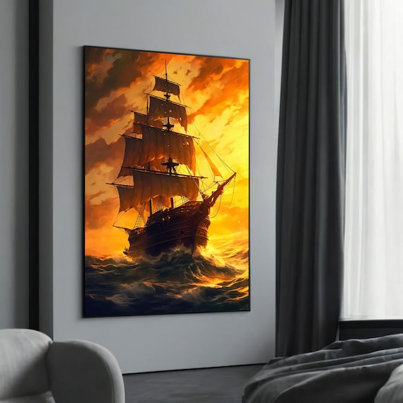 Tall Sailing Ship at Fiery Orange Sunset Over Ocean Waves Poster