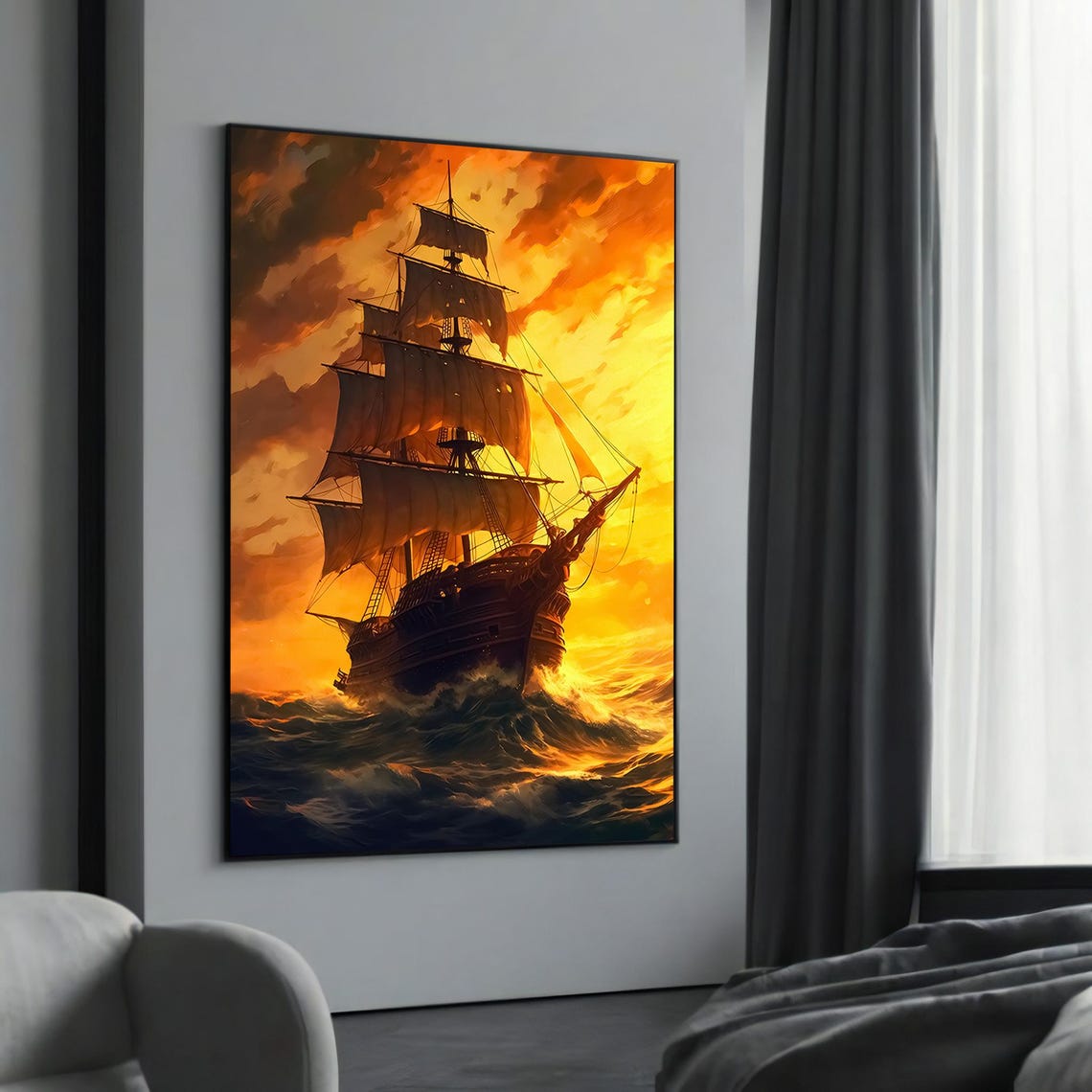 Tall Sailing Ship at Fiery Orange Sunset Over Ocean Waves Poster