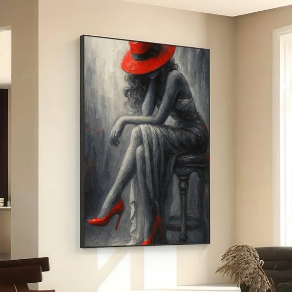 Elegant Woman In Red Hat And Heels Monochrome Figurative Canvas Modern Fashion Wall Art Sophisticated Home Decor Stylish Painting