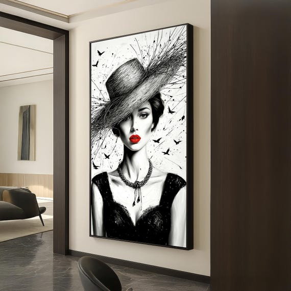 Black And White Woman Portrait Canvas Elegant Lady With Red Lips Hat Modern Fashion Art Print For Stylish Wall Decor