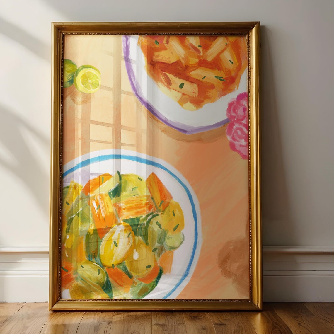 Pasta Bowls Top Down Kitchen Painting Roasted Vegetables Art Poster