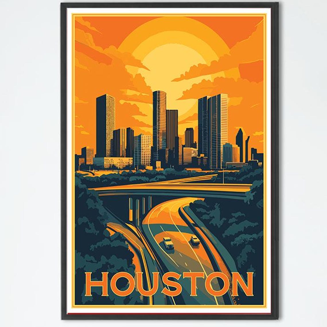 Houston Texas Downtown Skyline Freeway Sunset Vintage Travel Poster