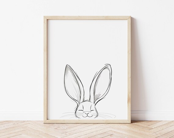 Minimalist Peeking Bunny Face Line Art Cute Nursery Easter Poster