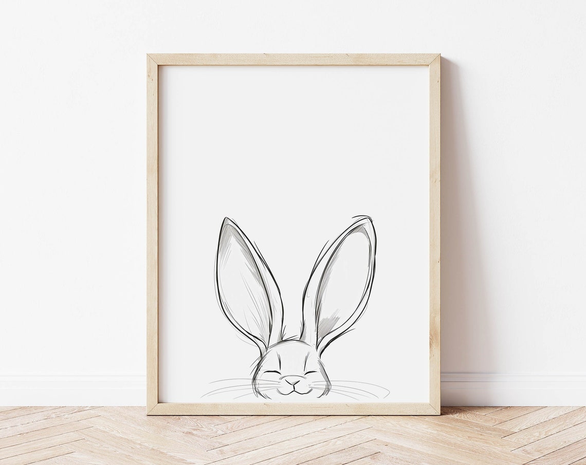 Minimalist Peeking Bunny Face Line Art Cute Nursery Easter Poster