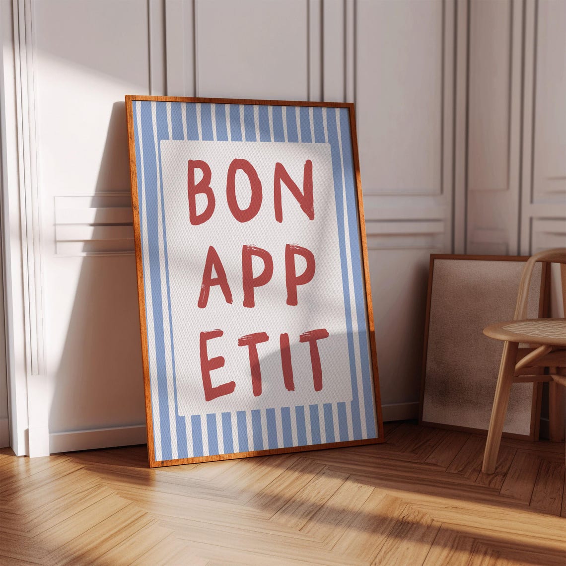 Bon Appetit French Kitchen Quote Poster with Blue Stripes Decor