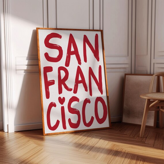 San Francisco Red Brush Lettering Typography Poster Heart Design