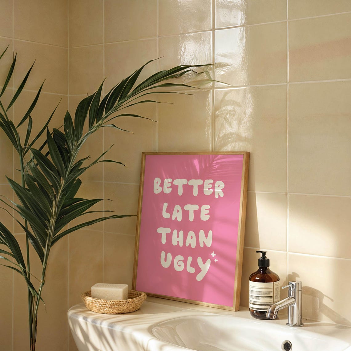 Better Late Than Ugly White Bubble Letters Pink Funny Poster - Image 2