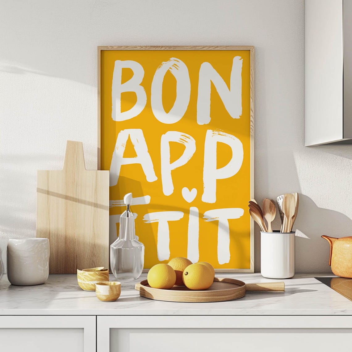 Bon Appetit White Brush Lettering Yellow French Kitchen Poster - Image 3
