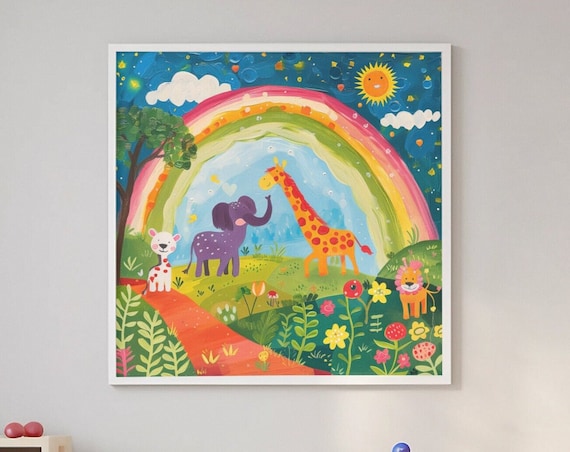 Safari Animals Under a Rainbow Bright Colorful Kids Room Poster