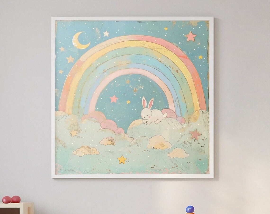 Dreamy Bunny Sleeping Under Pastel Rainbow Nursery Decor Poster