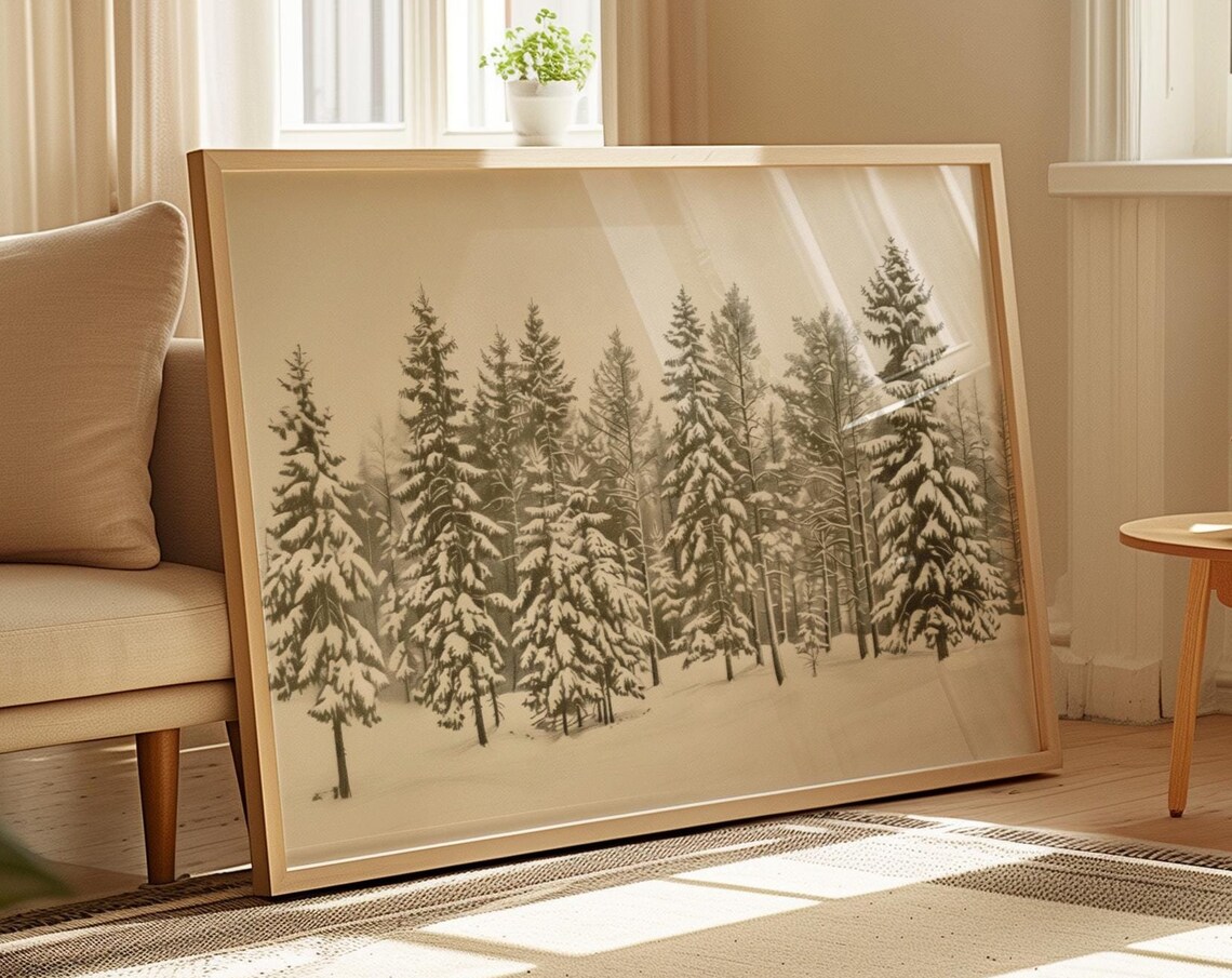 Vintage Pine Tree Winter Forest Art Print, Christmas Decor - Image 4
