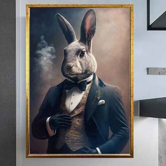 Gentleman Rabbit in Black Tuxedo Funny Animal Portrait Poster