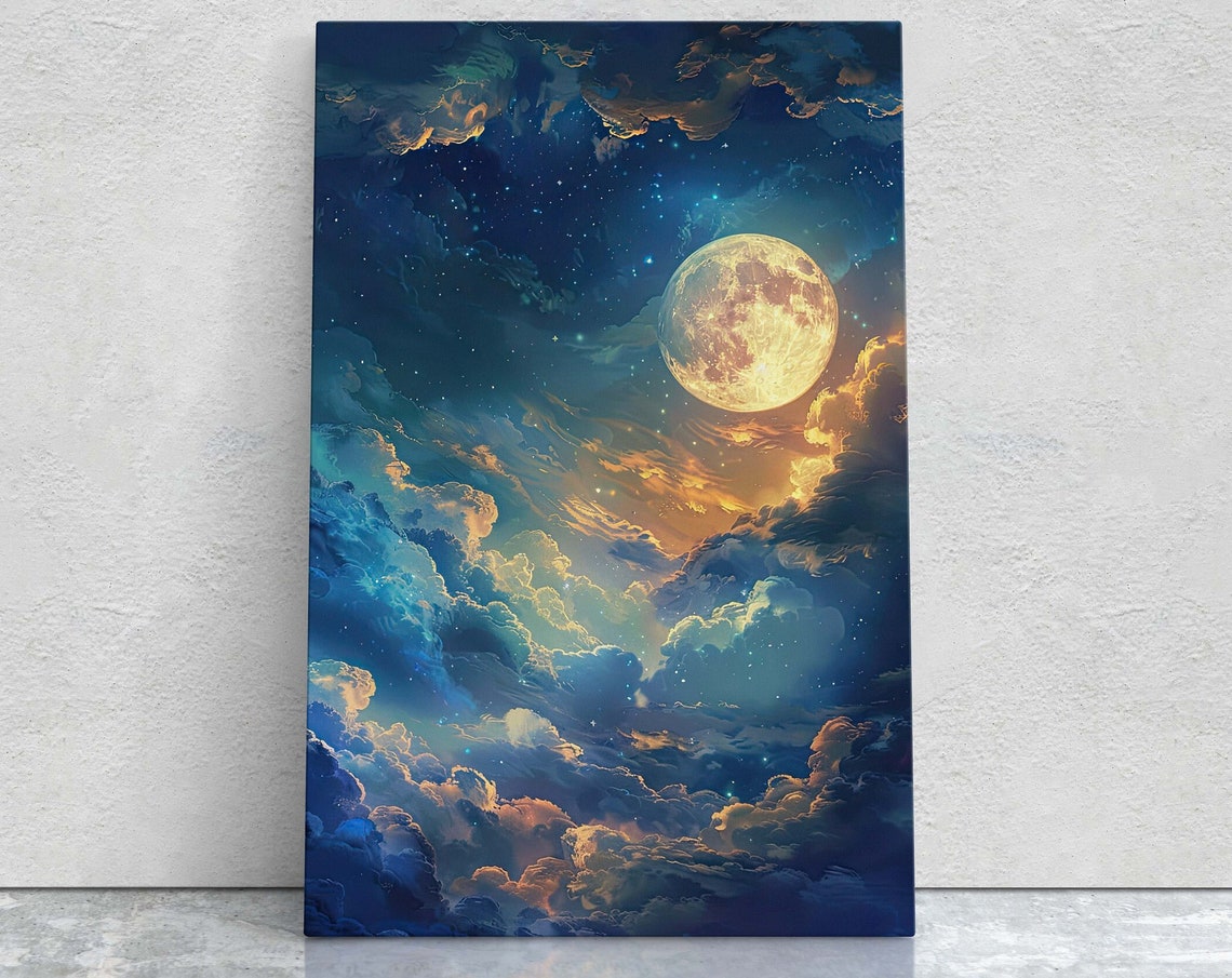 Cloudy Moon Sky Moonlit Night Golden Night Full Moon Painting Celestial Art Nature Retro Style
