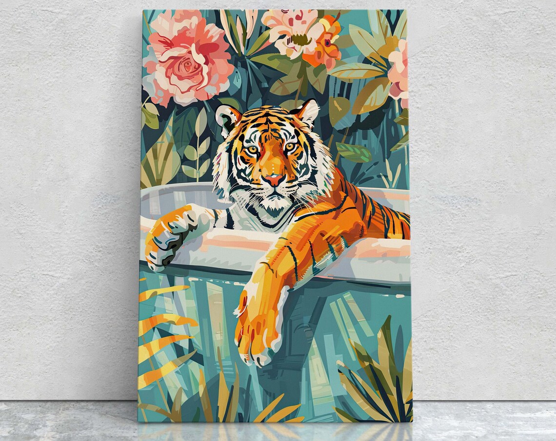 Tiger In Bathtub Tropical Jungle Pink Floral Maximalist Art Poster