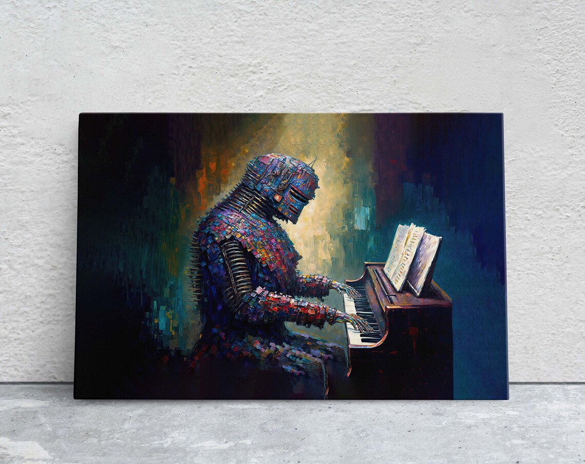 Mosaic Robot Playing Piano Spotlight Surreal Colorful Canvas Art Poster