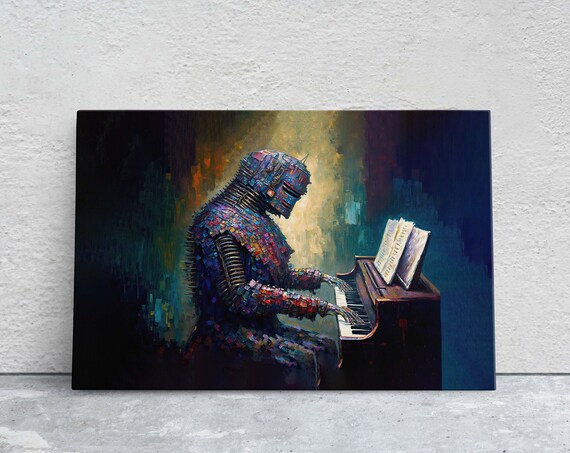 Mosaic Robot Playing Piano Spotlight Surreal Colorful Canvas Art Poster
