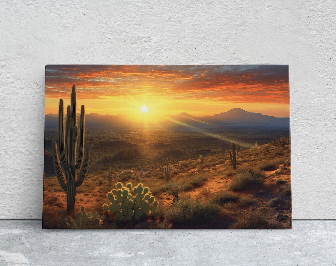 Sonoran Desert Sunrise Saguaro Cactus Golden Sky Landscape Poster