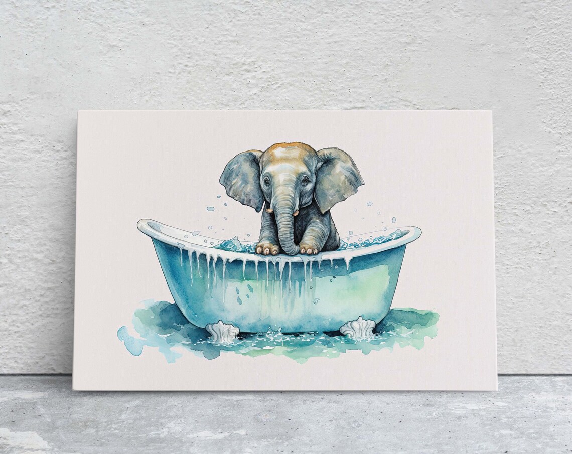 Baby Elephant In Blue Bathtub Watercolor Kids Bathroom Wall Art