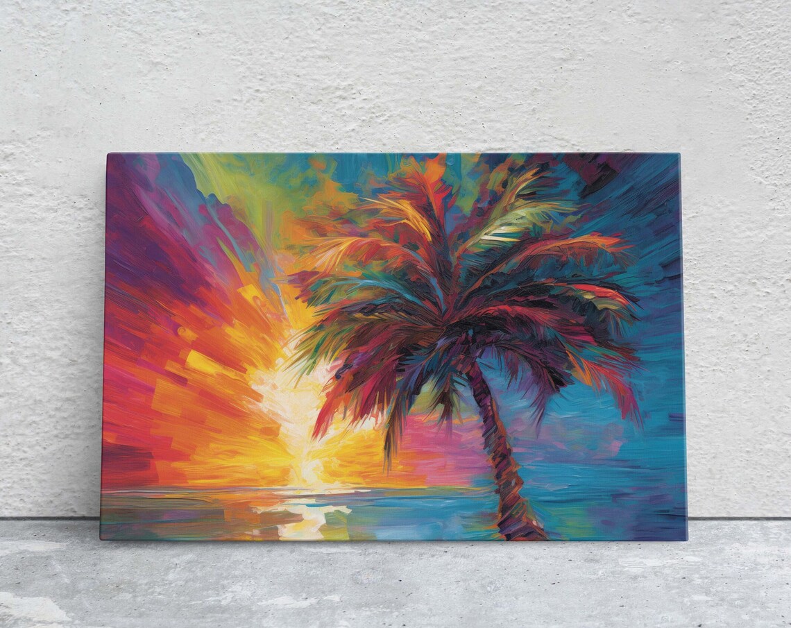 Modern Palm Tree Ocean Art Print, Mid-Century Abstract