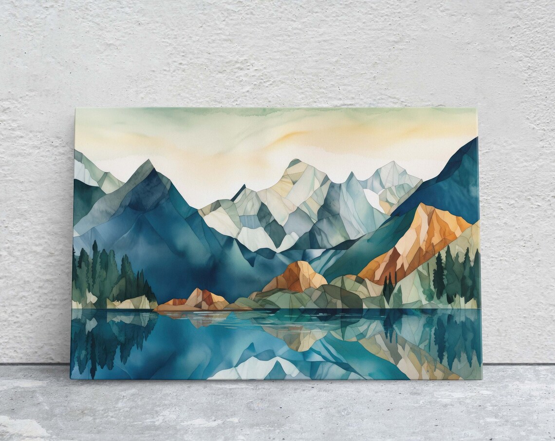 Geometric Mountain Lake Reflection Teal Peaks Watercolor Art Poster