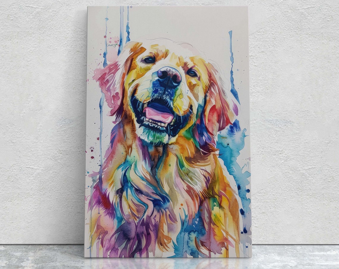 Golden Watercolor Pop Art Dog Painting Animal Lover Quirky Art Fun Decor Large Art Print Framed Vivid Color Golden Retriever