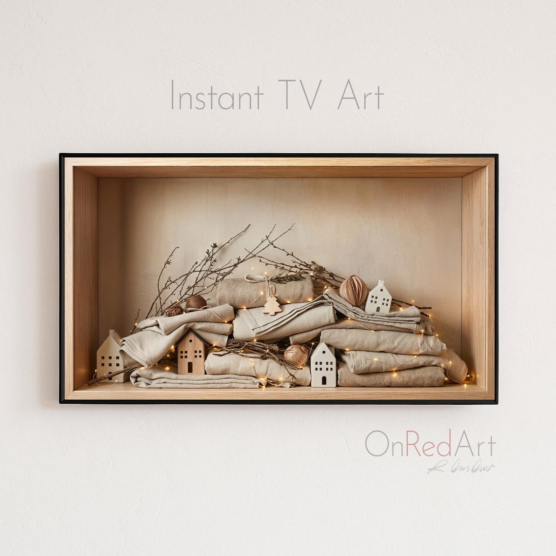 Cozy Christmas Mini Houses Linen Rustic TV Art Holiday Poster