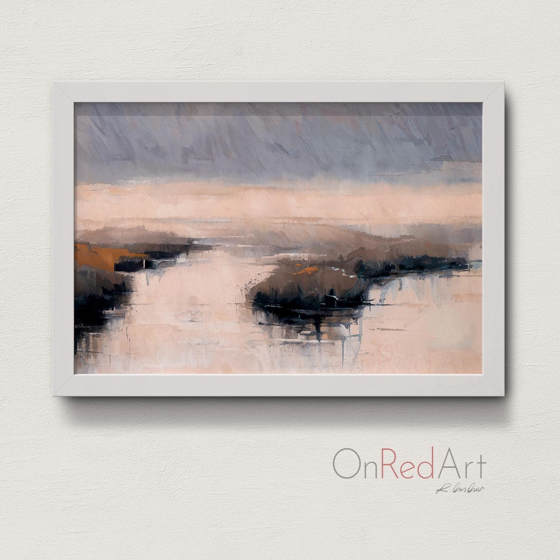 Soft Peach Gray Horizon Misty River Abstract Landscape Framed Print