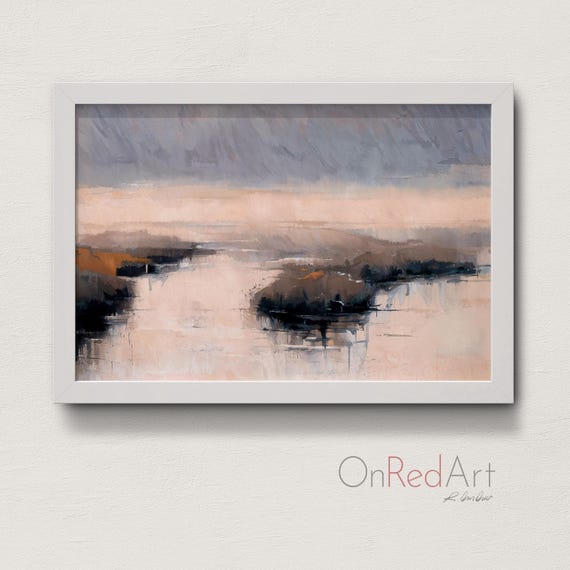 Abstract Landscape Print Soft Peach Gray Horizon