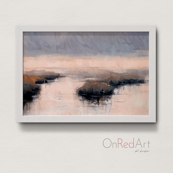 Soft Peach Gray Horizon Misty River Abstract Landscape Framed Print