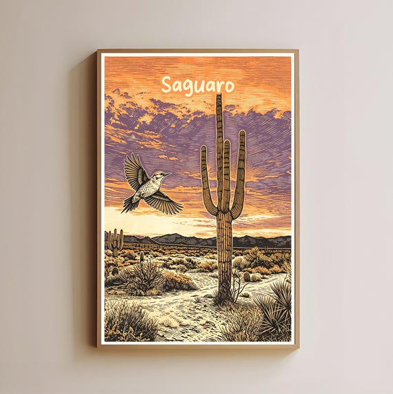 Saguaro Cactus Desert Landscape Print Vintage Sunset Wall Art Southwestern Decor Retro Western Poster