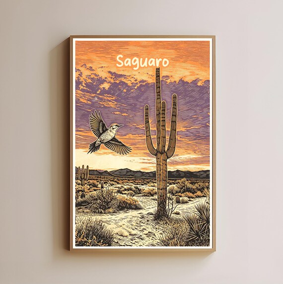 Saguaro Cactus Desert Sunset Bird Vintage Arizona Travel Poster