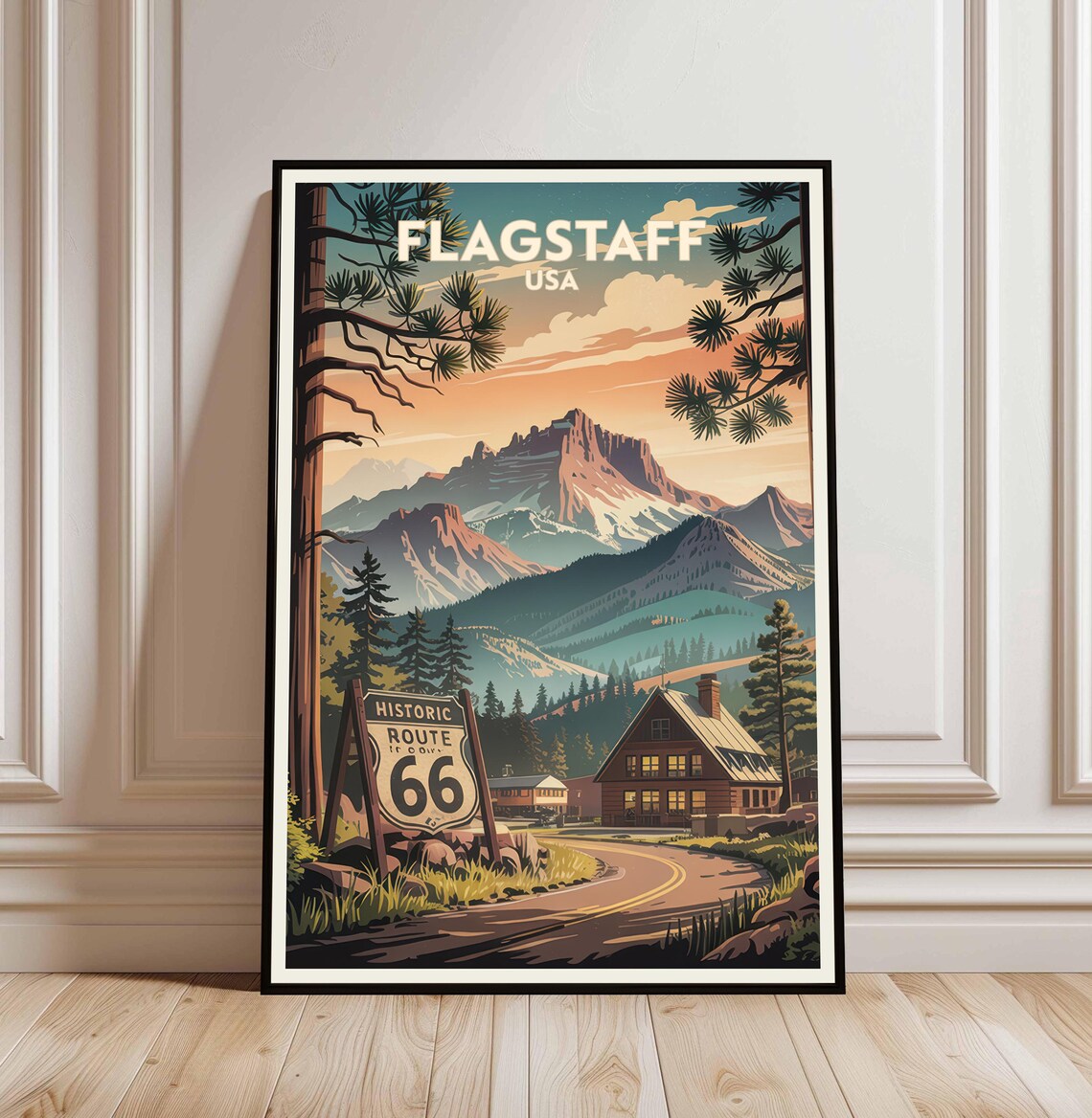 Flagstaff USA Historic Route 66 Mountain Cabin Vintage Travel Poster