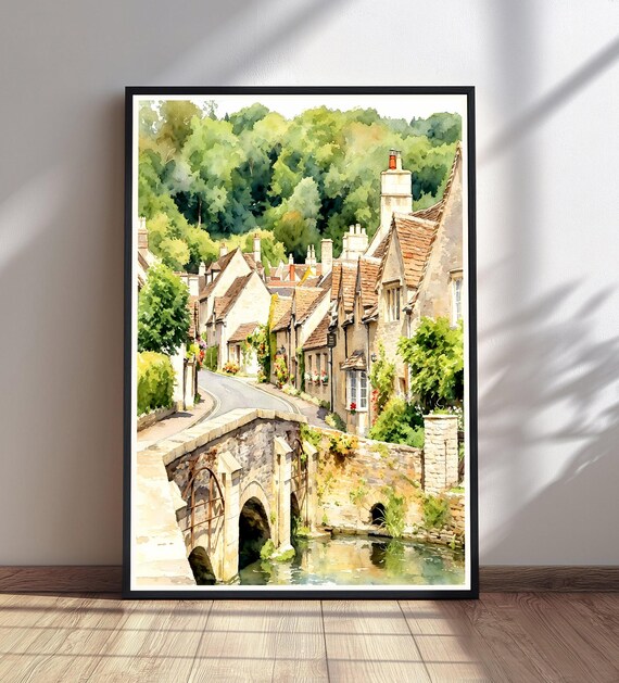 Watercolor Village Print Stone Cottages River Bridge Landscape Painting Green Trees Wall Art